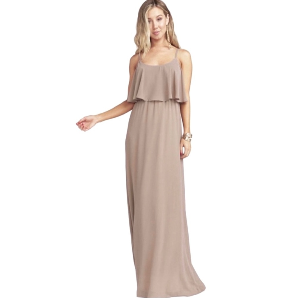 SHOW ME YOUR MUMU BEIGE COLD-SHOULDER RUFFLE MAXI DRESS